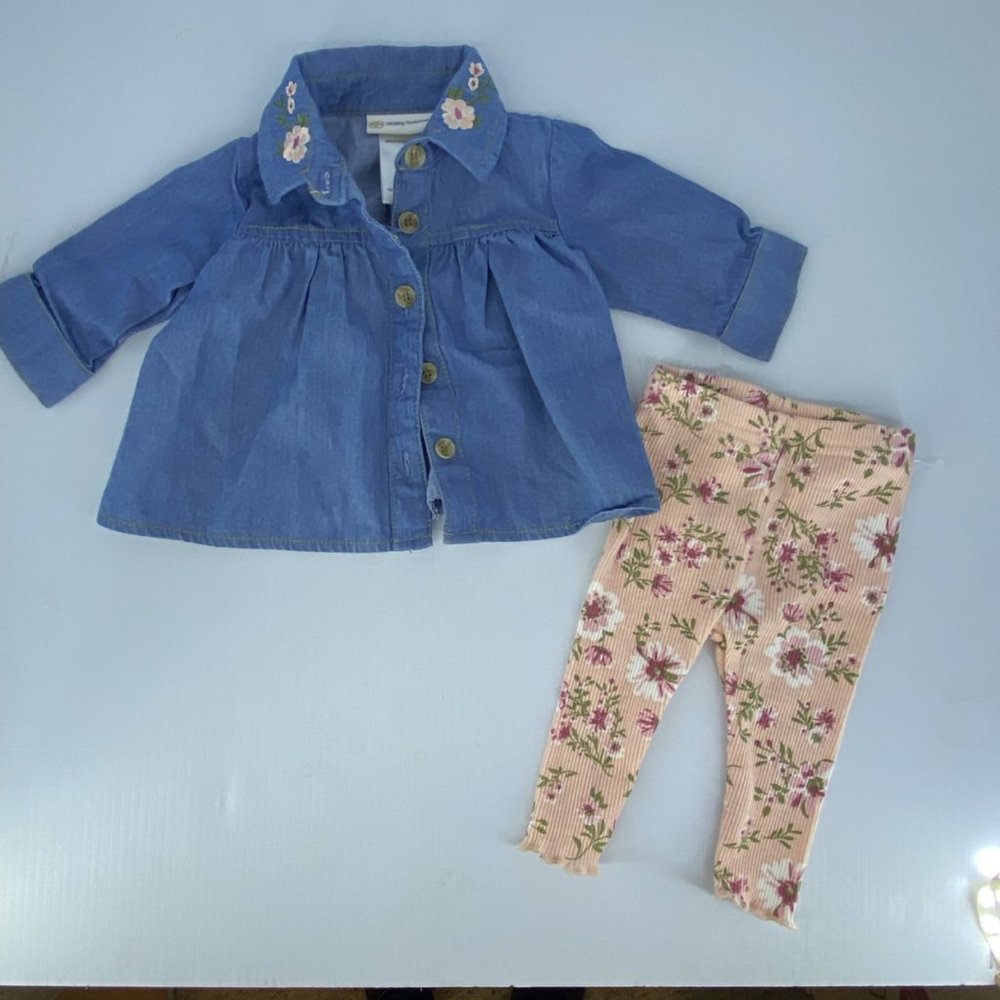 **5 for $30** — Daisy Fuentes Denim Flower Shirt and Peach Floral Leggings 0-3 M